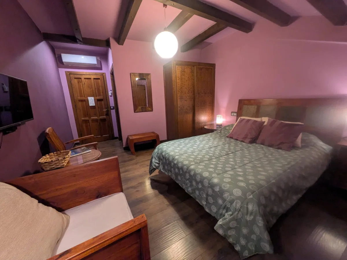 Habitación Doble Estándar - Cama gris en ambiente rosa